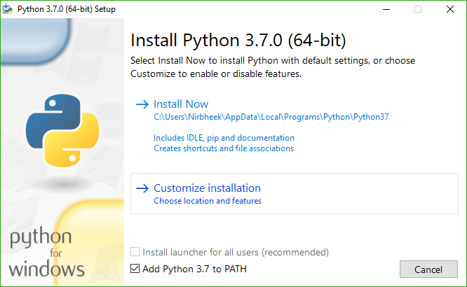 Enable Add Python to PATH, then click Customize Installation